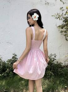SHEIN Vestido en línea A con decoración de encaje, elegante y minimalista, cómodo para chicas adolescentes