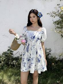 SHEIN 青少年女孩寬鬆藍色花卉荷葉邊迷你公主洋裝，背後蝴蝶結設計，優雅 - 白色 - 查看 4
