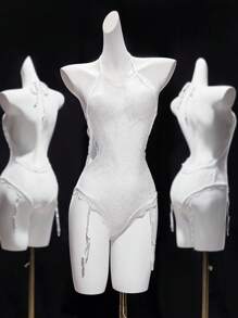 SHEIN 女士白色蕾丝透视露背扭纹前开裆性感紧身衣 - 白色 - 查看 6