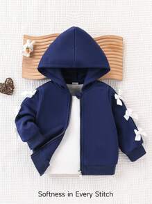 SHEIN Baby Girl Spring&Autumn Casual Style Toddler Jacket Long Sleeve Hooded Top Fall Winter - Navy Blue - View 3