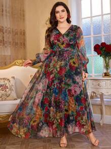 Modelyn 全新奢华优雅高端长款裹身裙，宽下摆，V 领，长袖