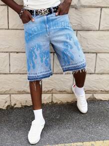 ROMWE MEN Street Life Pantalones cortos vaqueros de hombre con decoración de rhinestones e impresión, aptos para primavera/verano - Azul - Ver 4