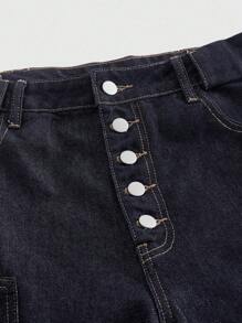 ROMWE MEN Street Life Men's Button Front Pockets Wide Leg Loose Casual Capri Denim Jeans - Blue - View 8