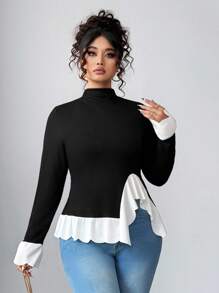 Elenzga Áo thun tay bồng màu đen trắng thanh lịch của Pháp cỡ lớn dành cho nữ, cổ đứng, áo chui đầu - Đen và trắng - Xem 5