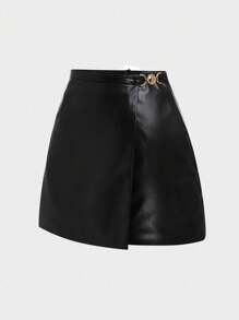 INAWLY Fashion Asymmetric Design Side Metal Chain Decor Solid Color Zipper PU Leather Women Skirt