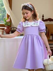 SHEIN Tween Girl' Floral Collar Puff Sleeve Pastoral Holiday Sweet Dress - Mauve Purple - View 1