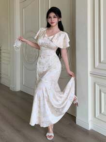 Modelyn 时尚、浪漫、优雅的提花缎浅黄色女士度假连衣裙 - 淡黃色 - 查看 1