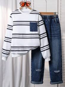 SHEIN 2pcs/Set Fashion Casual Boys Black & White Striped Pocket Long Sleeve T-Shirt + Ripped Waistband Elastic Jeans Pants, Loose Fit, Suitable For Daily Wear, Travel, Party And Photo Shooting,Back To School Fall Winter - Multicolor - View 1