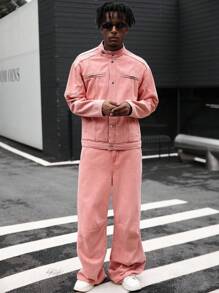 Manfinity EMRG 男士韩国品牌休闲立领牛仔夹克和直筒宽松牛仔裤套装，复古做旧外观，秋季