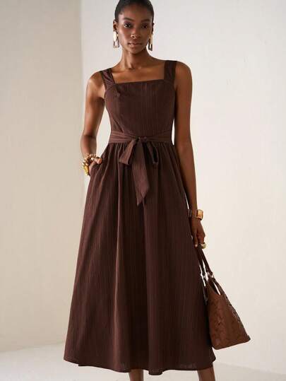 Zivah 20  New Summer Mothers' Day, Wedding, Birthday Party, Daily Casual Vacation Elegant Commute Business Casual Square Collar Wide Strap Bodycon Waist Tie Pocket Flared Hem Dress, Deep Brown Textured Striped Fabric