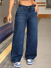 SHEIN Tall 女式宽松口袋阔腿休闲百搭牛仔裤 - 深色水洗藍 - 查看 4