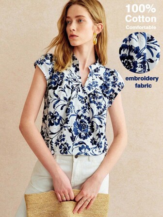 Écloséra 法式复古镂空刺绣印花盖袖立领V领白底蓝花女衬衫夏季上衣女夏装女度假装女优雅女士外出上衣夏季女短袖