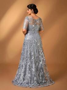 Serin Váy sang trọng cho mẹ, cổ tròn, bán trong suốt, thêu hoa thủ công, viền bèo nhún, thanh lịch, lãng mạn - Màu xám đen - Xem 4