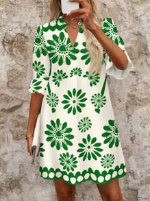 SHEIN Clasi 休闲花卉复古印花V领中袖女士短款连衣裙，适合夏季 - 彩色 - 查看 6