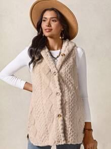 Boho Mama 孕妇休闲纯色无袖连帽开衫，秋冬 - 卡其色 - 查看 5