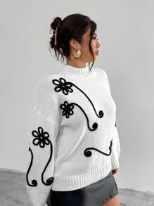 Firerie Plus Size Women Floral Embroidered Drawstring Neck Casual Long Sleeve Sweater Fall/Winter - White - View 1