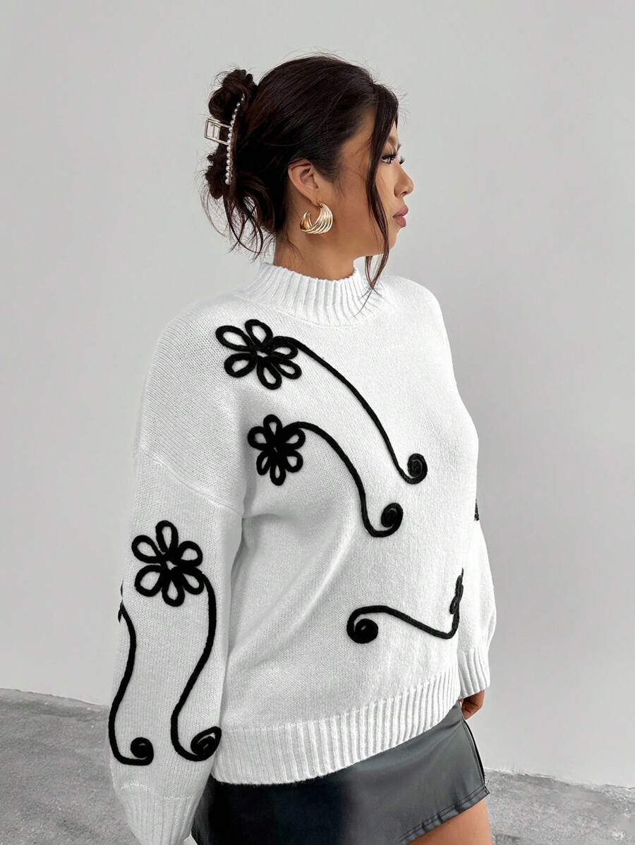 Firerie Plus Size Women Floral Embroidered Drawstring Neck Casual Long Sleeve Sweater Fall/Winter - White - View 1