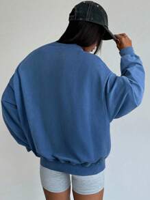 LYSMO 女式圆领落肩长袖羊毛运动衫，秋季，长袖上衣 - 藍色 - 查看 2