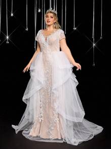 Glamrae Vestido de novia romántico de talla grande con elegante y lujoso bordado de lentejuelas, mangas de casquillo, bajo de cola de pez, costuras asimétricas con volantes y pieza flotante adecuado para vacaciones, luna de miel, eventos de boda y novia - Blanco - Ver 5