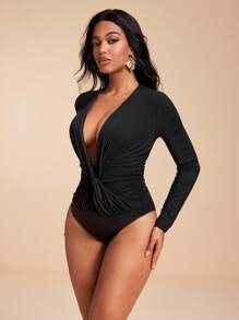 MIRENZI Black Knit Jersey Front Twist Long Sleeve Low-V Sexy Bodysuit Women Summer Vacation Casual - Black - View 4