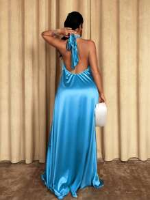 Sirith 女式无袖金属圈拼色系带连衣裙，性感露背飘逸休闲长款夏季连衣裙 - 藍色 - 查看 2