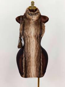 Amplova Fuzzy Yarn & Mesh Patchwork Bodycon Mini Dress Brown Fur Dress - Black - View 1