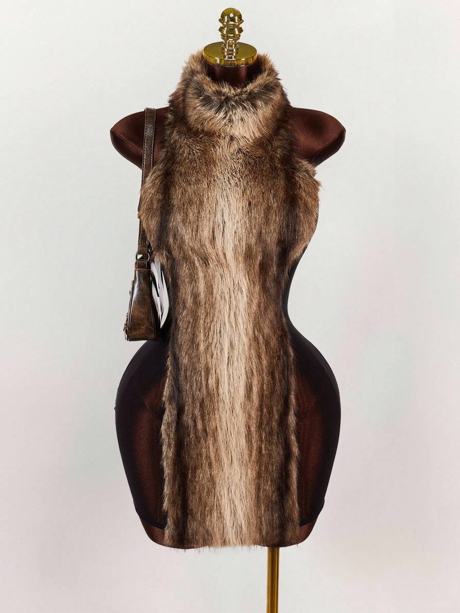 Amplova Fuzzy Yarn & Mesh Patchwork Bodycon Mini Dress Brown Fur Dress - Black - View 1