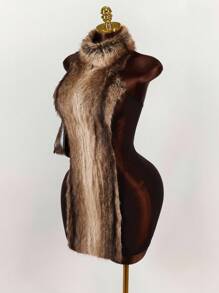 Amplova Fuzzy Yarn & Mesh Patchwork Bodycon Mini Dress Brown Fur Dress - Black - View 4