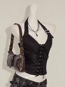 SHEIN ICON 女式夏季性感街头风格简约纯色系带露背背心秋季女装