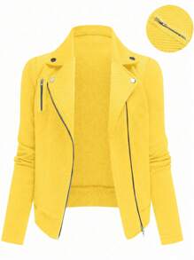 GlowEve Casual Stand Collar Textured Zip-Up Biker Jacket Fall Winter Cloth For Women - Yellow - View 4