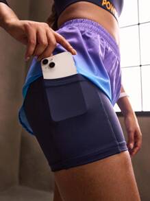 Powerista Ensemble de sport pour femmes avec imprimé lettres, couleurs contrastées et dos croisé pour l'été. Tenue de sport pour femmes. - Bleu azur - Voir 3