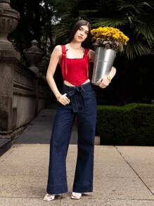 SHEIN X ELOISA & ORSON SHEIN MOD Jeans con puntada con cinturón de pierna ancha