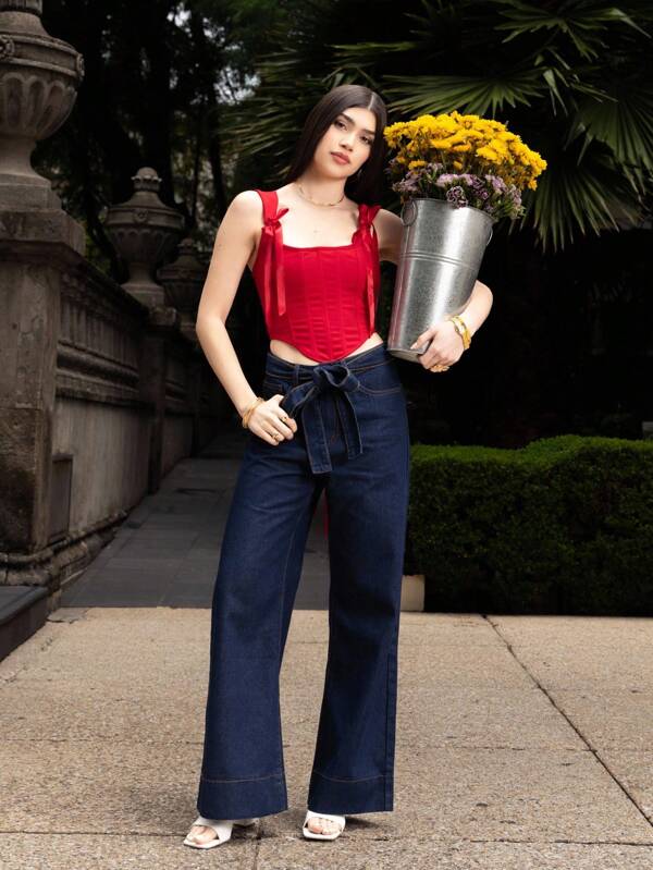 SHEIN X ELOISA & ORSON SHEIN MOD Jeans con puntada con cinturón de pierna ancha