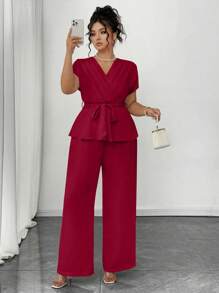 Elenzga 大码夏季优雅纯色衬衫和裤子两件套 - 酒紅色 - 查看 3