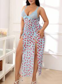 SHEIN 2件套加大码性感蕾丝拼布睡衣和睡袍套装 - 藍色 - 查看 5