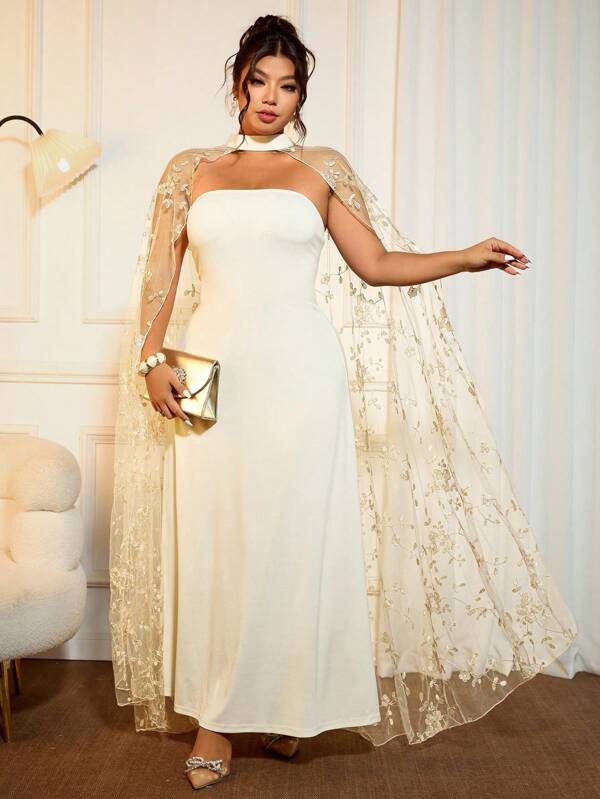 Cravure Plus Size Elegant Champagne Embroidered Lace Shawl And Dress 2 Pieces Set