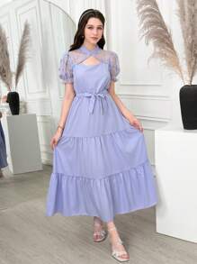 少女优雅夏季甜美粉色蕾丝拼布纯色迷你立领褶皱泡泡袖A字短裙分层裙迷你派对鸡尾酒会礼服 - 紫色 - 查看 6