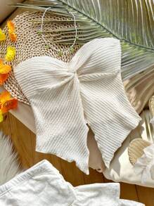 SHEIN Tween 女童白色和米色扭纹前胸褶短款吊带背心，适合休闲海滩度假春夏 - 杏色 - 查看 2