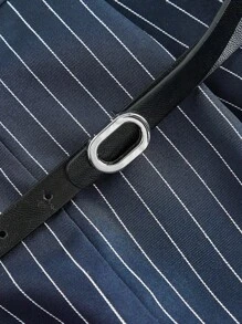 SHEIN MOD Women's Navy Blue Striped Waist Wide Leg Formal Trousers With Belt,Vintage,Business Casual Woman,Elegant,Goth,Teacher,Old Money Style Women,Back To School,Teacher Outfits For Women,Office Outfits For Women In Fall/Winter