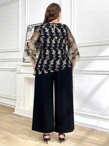 Ellevyn 两件套刺绣网眼上衣和裤子套装，优雅大码工作服