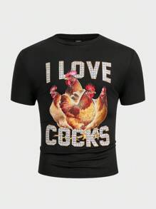 FeverCity Camiseta de manga corta de cuello redondo casual con estampado de letras y de pollo para hombre, de verano