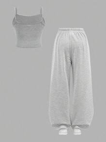 青少年女孩休闲家居服合身蕾丝花边吊带背心和阔腿条纹针织裤套装，麻灰色 - 淺灰色 - 查看 2