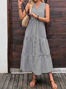EMERY ROSE Women's Regular V-Neck Sleeveless Midi Dress With Decorative Button Placket,Dresses For Women Elegant,Teacher Outfits For Women,Country Concert Outfit,Office Outfits For Women,Back To School Clothes,Casual Dresses For Woman,Vacation Dress,Airport Outfit For Women,Old Money Style Women Gingham Dress Checkered Dress Casual Midi Dress Picnic Dress Black And White Gingham Dress Tiered Gingham Dress