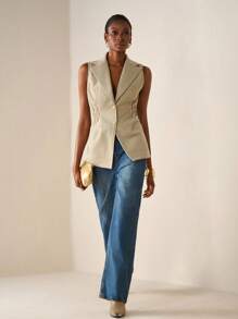 Zivah 20  Fall/Winter New Arrival College Style Music Festival Graduation Casual Daily Vacation Beach Sunbathing Streetwear Commute Elegant Lapel Vest Sleeveless Overcoat Thin A-Line Waisted Apricot Woolen Vest - Apricot - View 7