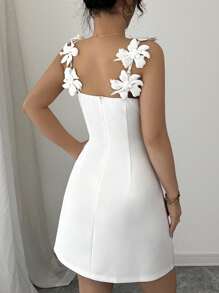 SHEIN PETITE Women's Spring/Summer Fashion Elegant 3D Flower Strap Waist Cinched Minimalist Versatile Casual Mini Dress - White - View 2