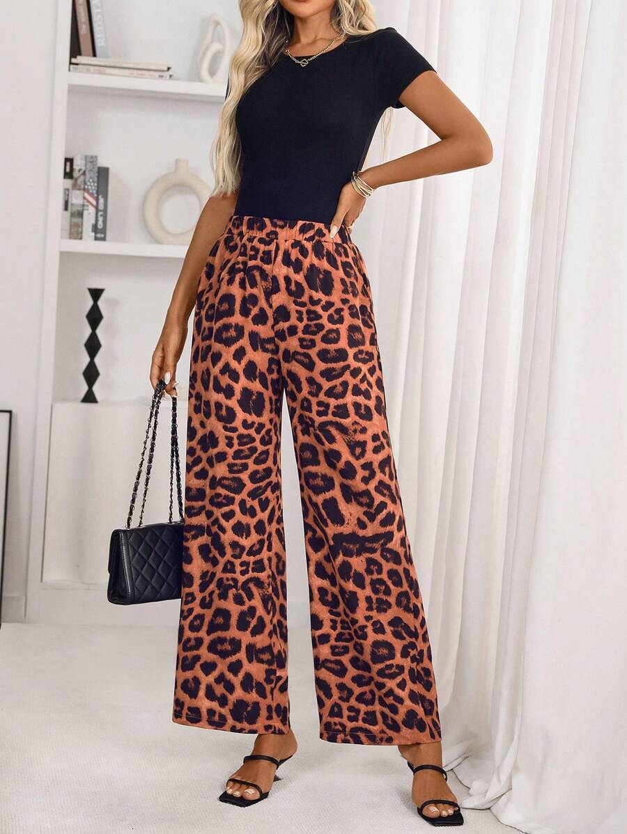 SHEIN Raffinéa 女士豹纹口袋优雅时尚长裤 - 彩色 - 查看 1