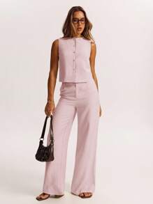 SHEIN BAE 1 chiếc áo không tay cài nút đơn giản thoải mái bằng vải lanh, thích hợp cho bữa sáng muộn, đi chơi, hẹn hò, đi làm, đi du ngoạn dành cho nữ, áo cánh dành cho nữ, mùa hè - Màu Hồng baby - Xem 6