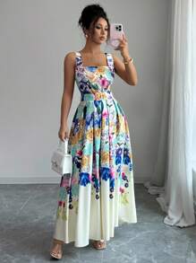 Elenzga 优雅花卉印花无袖连衣裙，夏季 - 彩色 - 查看 1