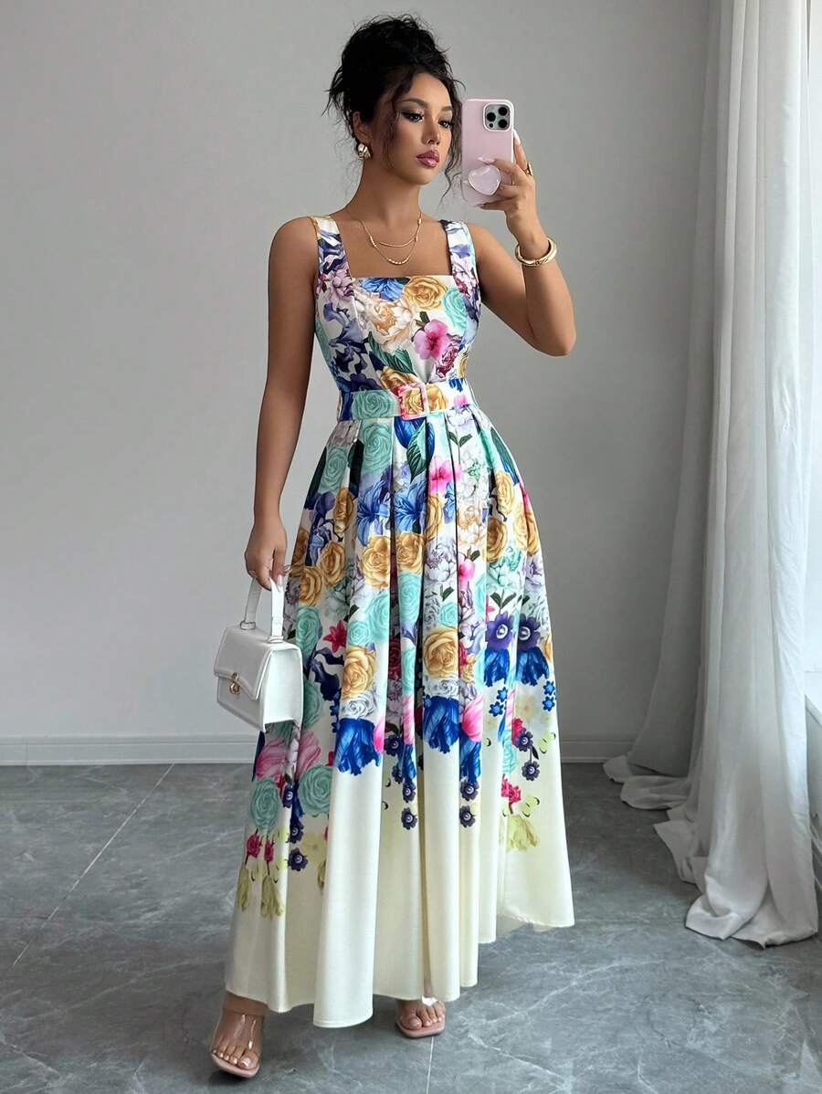Elenzga 优雅花卉印花无袖连衣裙，夏季 - 彩色 - 查看 1