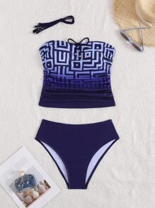 Swim Chiccia 2pcs Multi-Color Pattern Detachable Strap Ruched Top And Navy Blue Triangle Bottom Casual Vacation Party Holiday Women Tank Top Bikini Swimsuit Beach Outfit Set For Summer